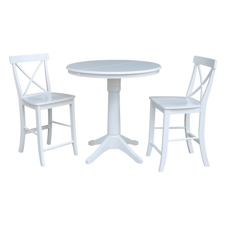 International Concepts Round 36 in Rd Extension Dining Table 34.9 inH, 2 X-Back Counter Ht Stools, White, 36 in W, 48 in L K08-36RXT-27B-S6132